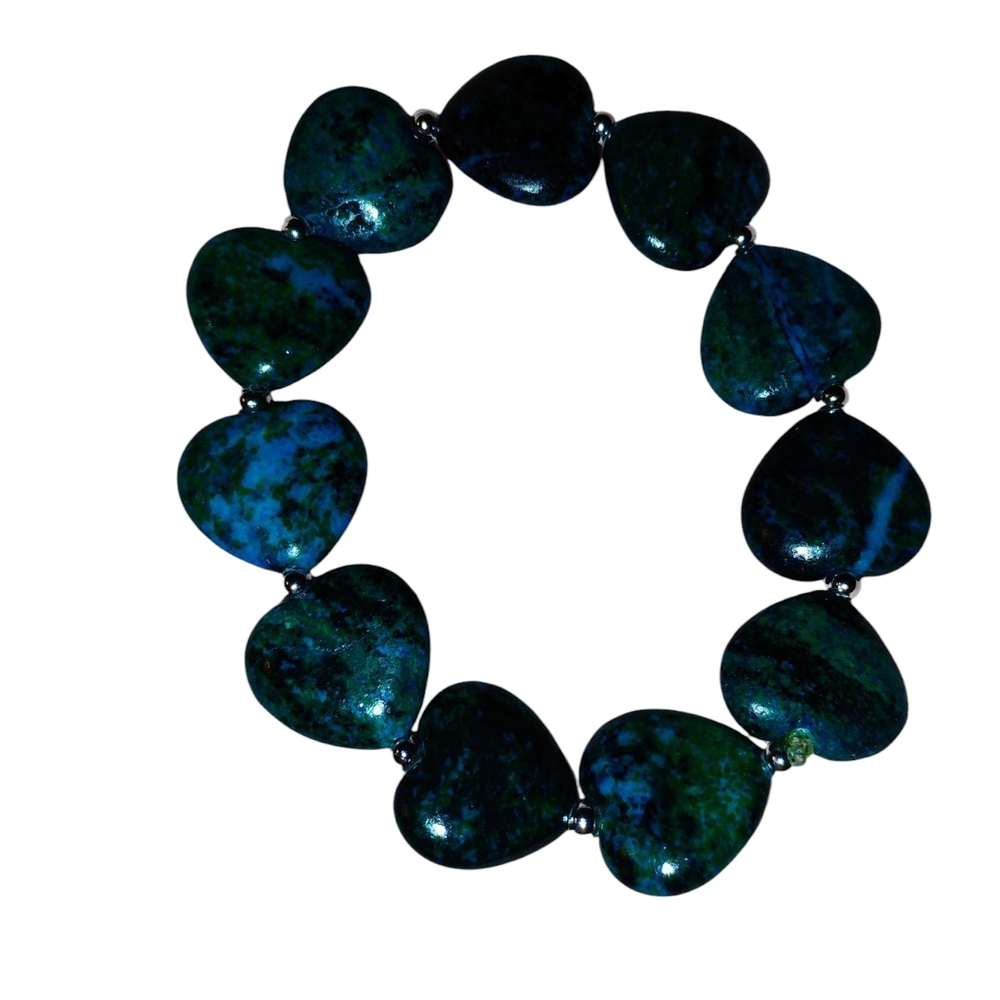 Hand Crafted Heart-Shaped Blue-Green Stone Stretch Bracelet